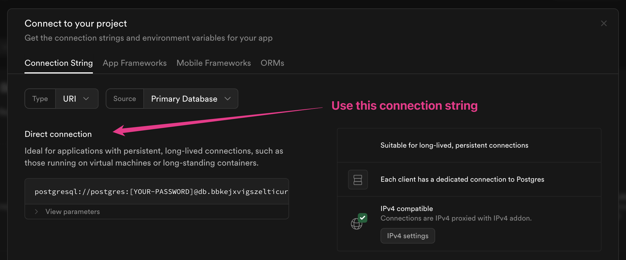 Use the "Direct Connection" option to connect zero-cache to your Supabase database.